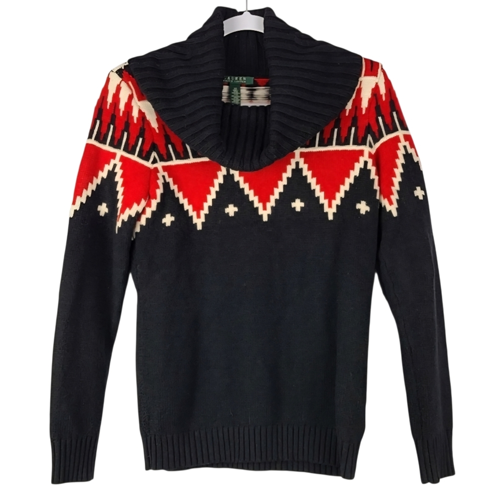 Lauren Ralph Lauren Black Red Icelandic Wool Blend Cowl Neck Sweater XS Winter